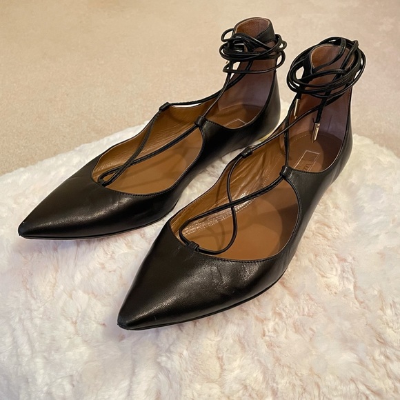 Aquazzura Shoes - Aquazzura Christy Lace-up Black Leather Flats